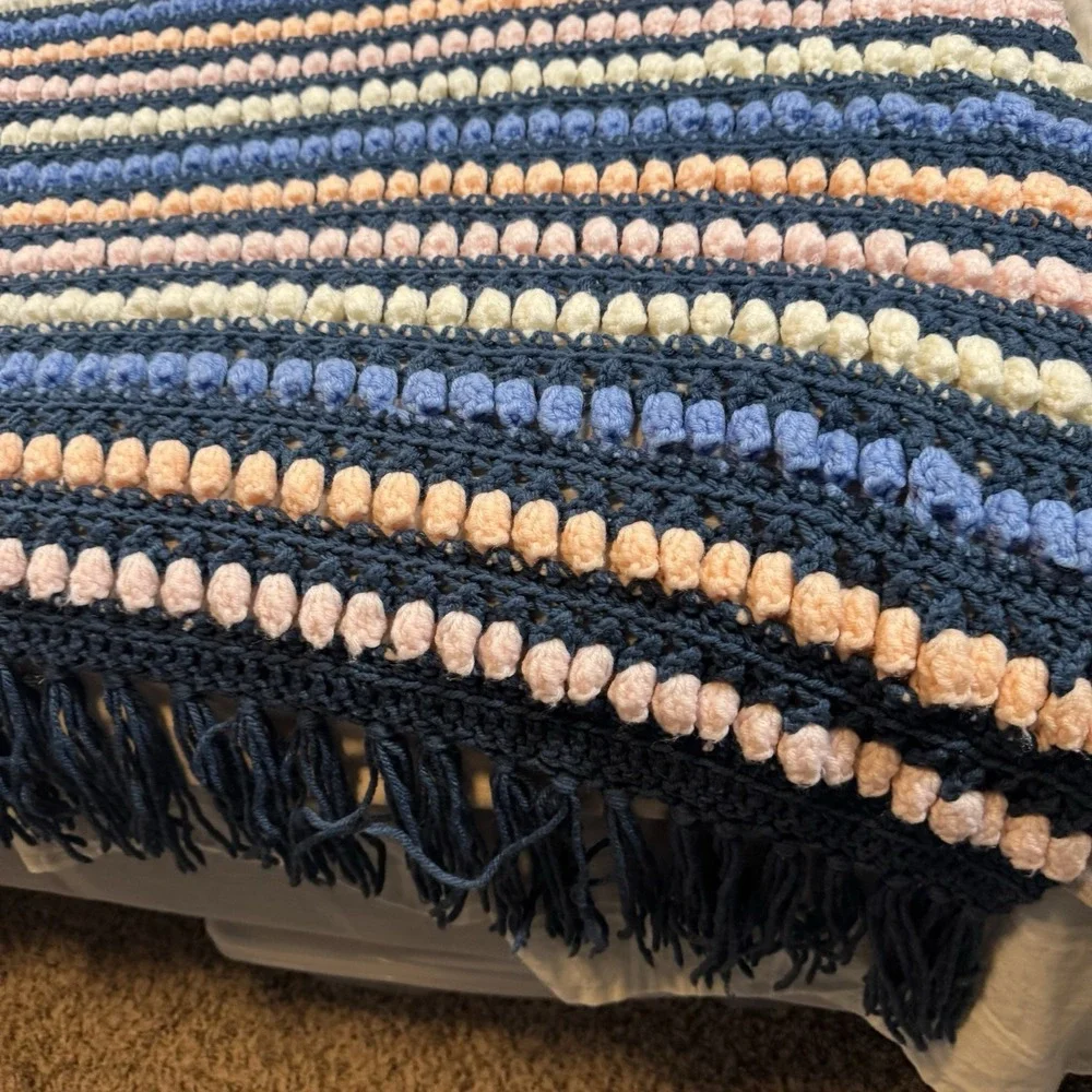 Vtg Colorful Fringe Bobble Crochet Knit Heavy Blanket Afghan 76